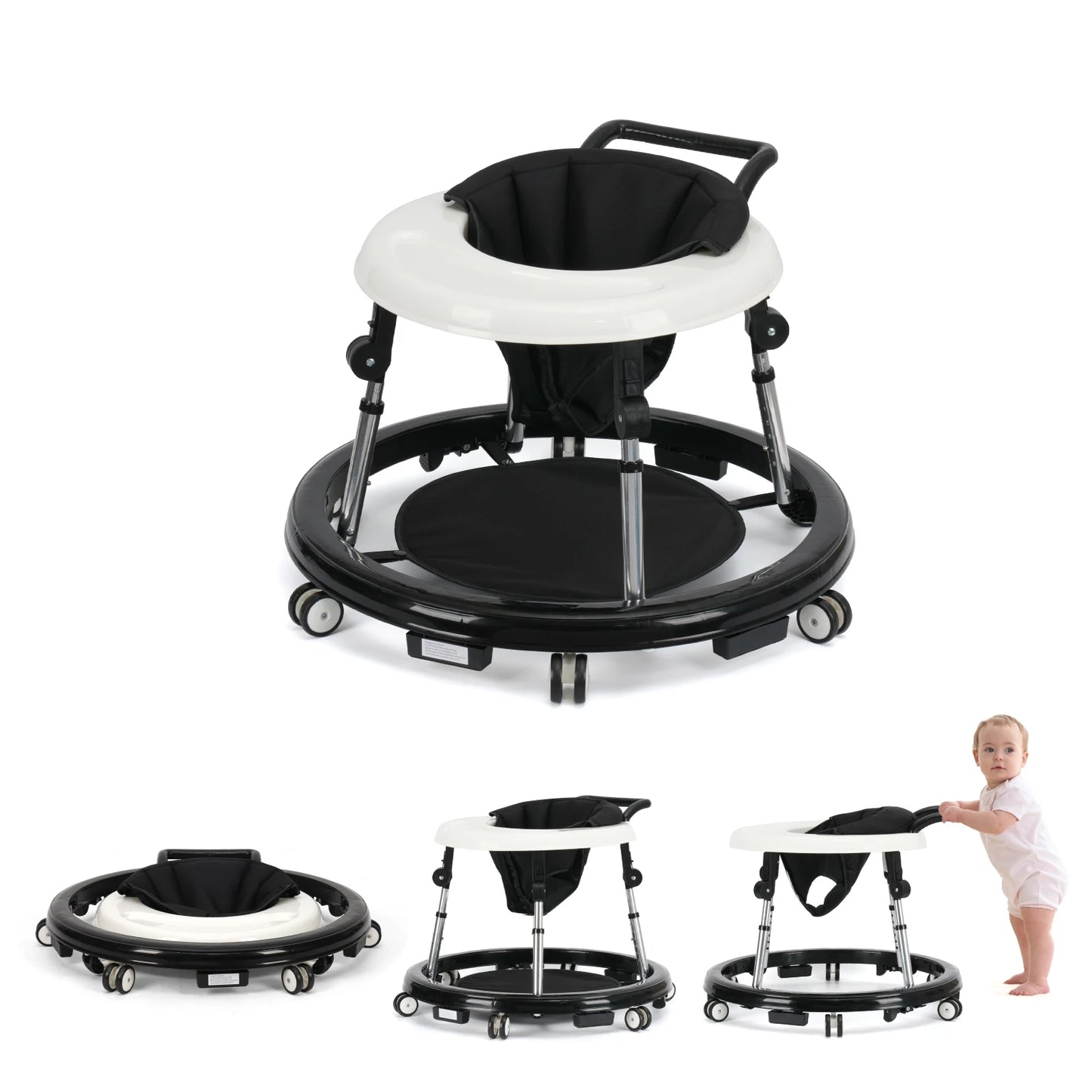 Baby Walker With Adjustable Height Foldable Wheels And Tray