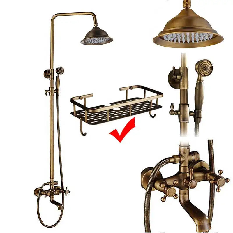 Rozin Antique Brass Wall Mount Dual Handle Shower Faucet Set Handshower Shelf