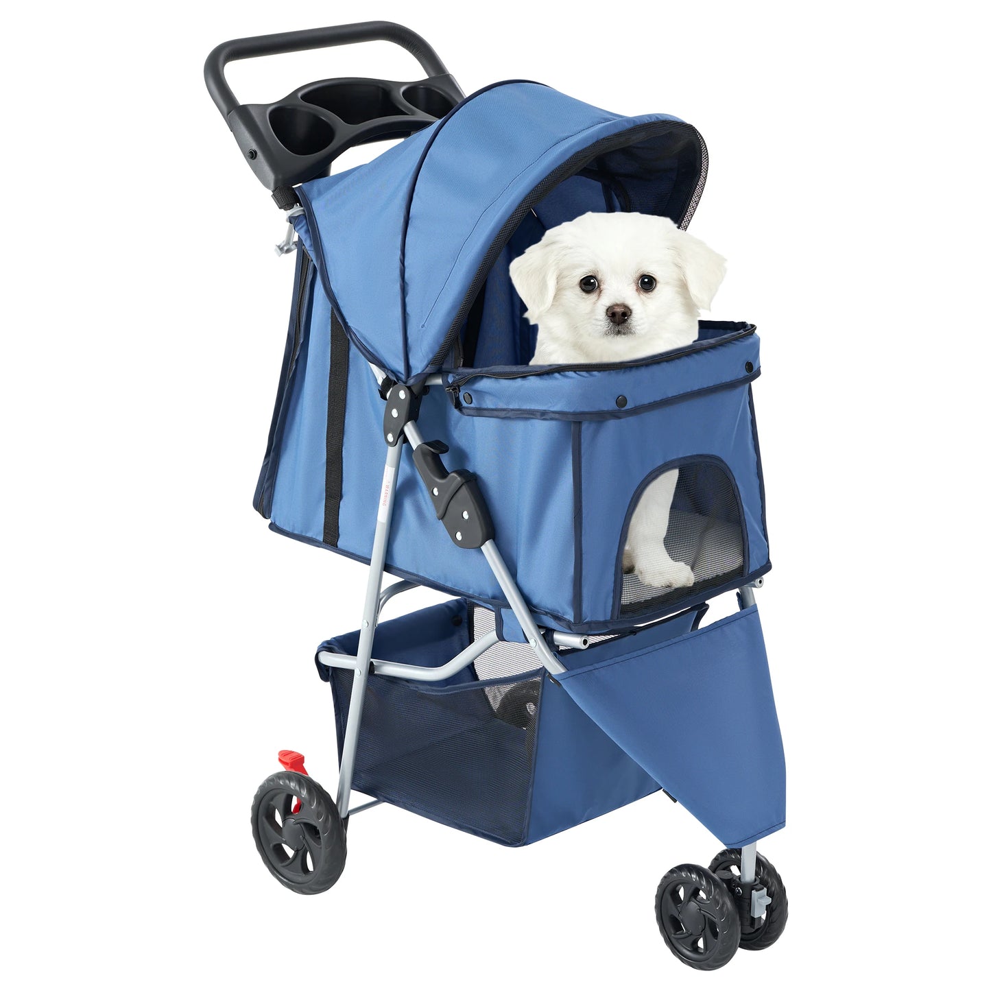 3 Wheel Foldable Pet Stroller With Mesh Windows And Cup Holder