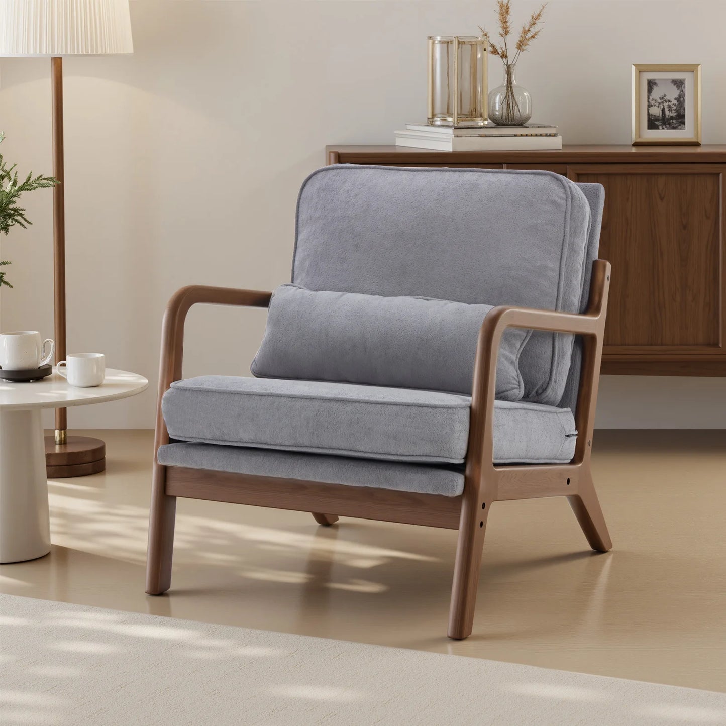 JHK Mid Century Modern Wooden Frame Armchair With Cushion