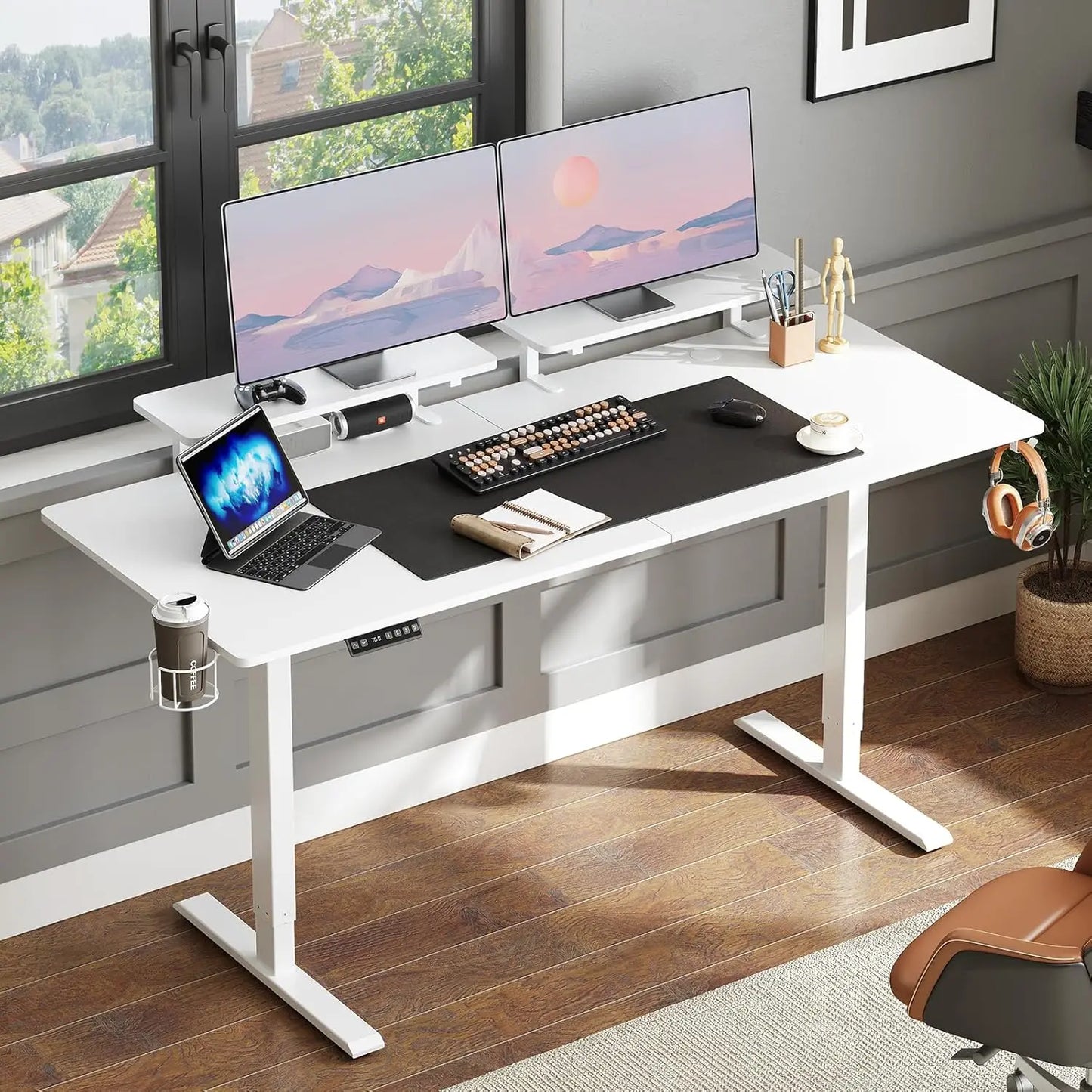 ONBRILL Standing Desk With Adjustable Monitor Shelves And Memory Controller