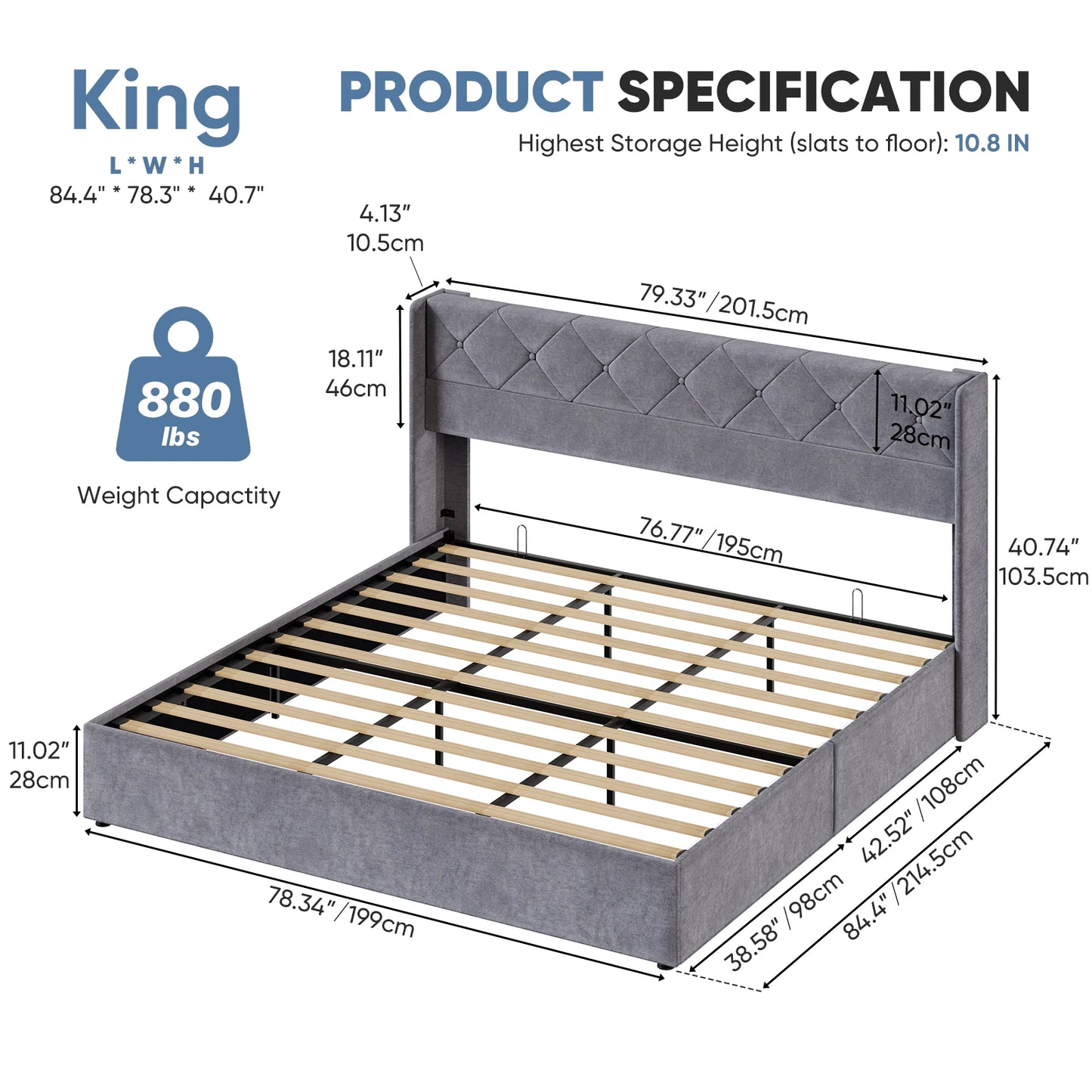 JHK Modern Wingback Platform Bed With Hydraulic Lift Storage