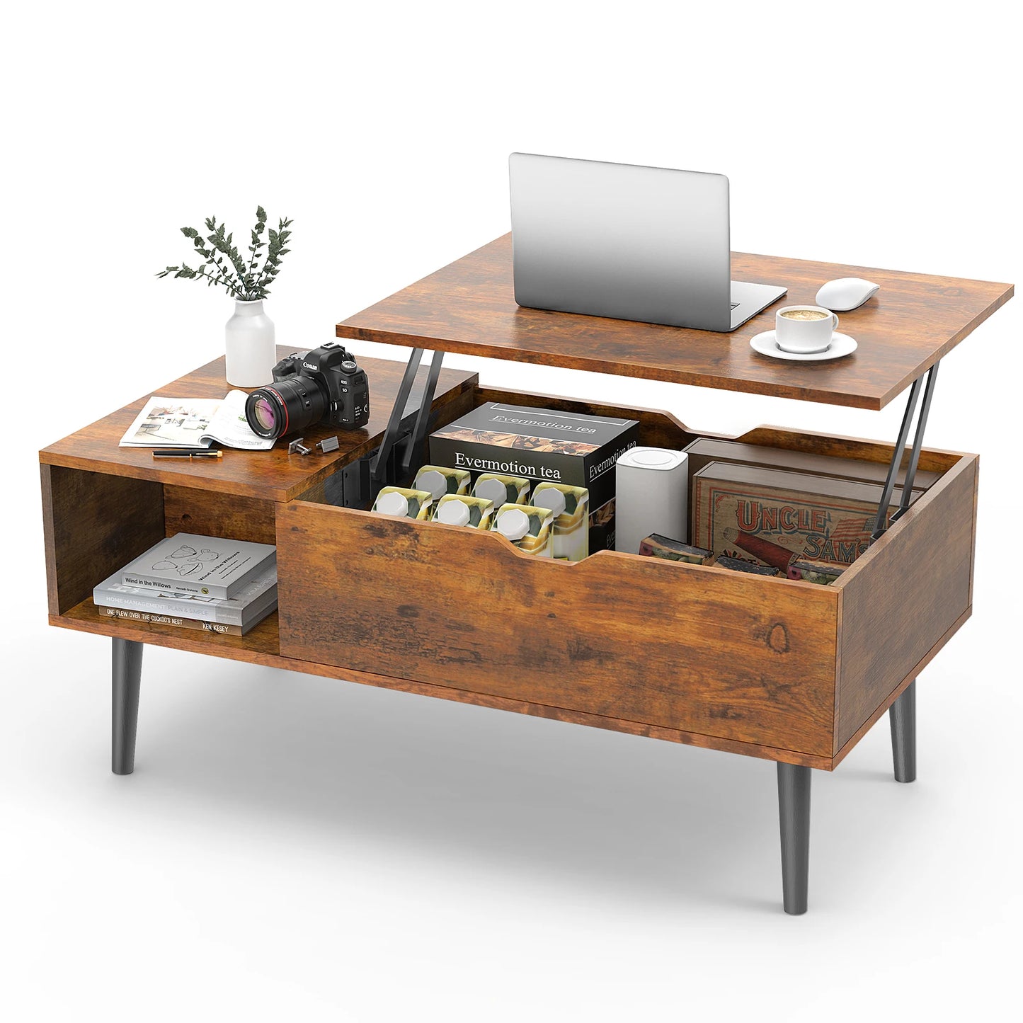 JHK Lift Top Coffee Table With Storage Shelf And Adjustable