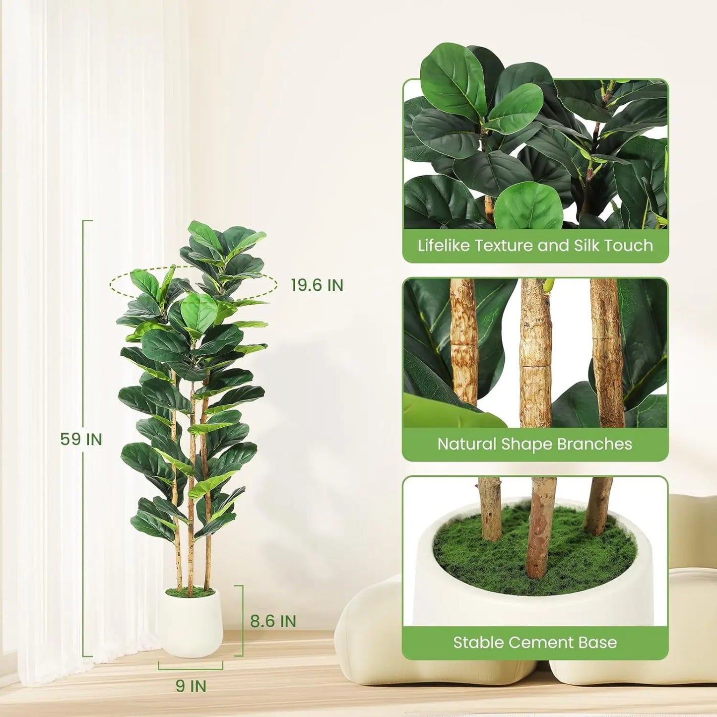 HiMISS Fiddle Leaf Fig Tree With Pot Faux Plant For Home Decor
