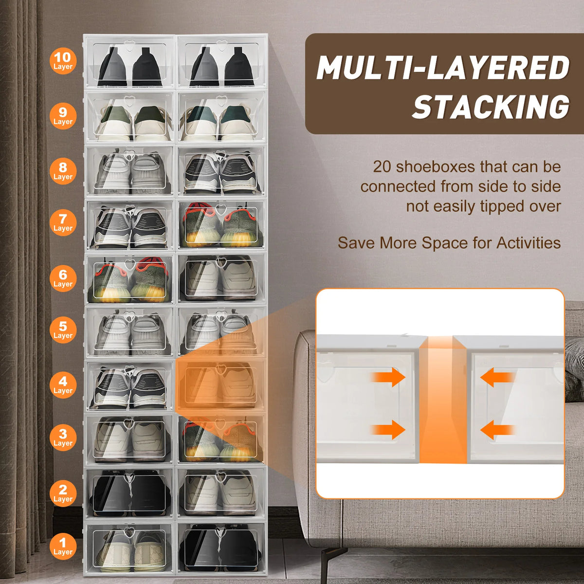 Stackable Clear Plastic Foldable Shoe Storage Boxes Set