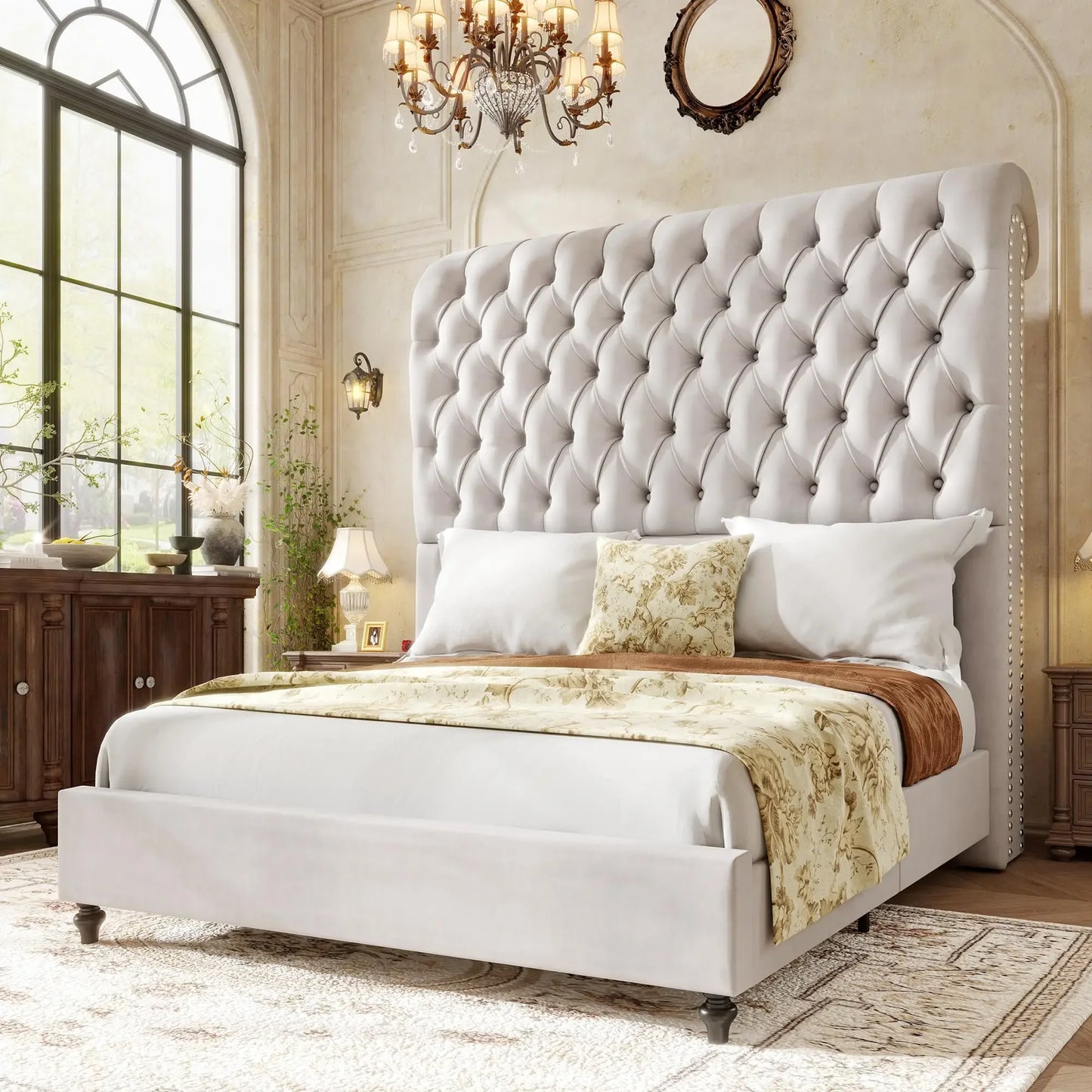 Jocisland King Bed Frame With 59 Inch Velvet Tufted Headboard