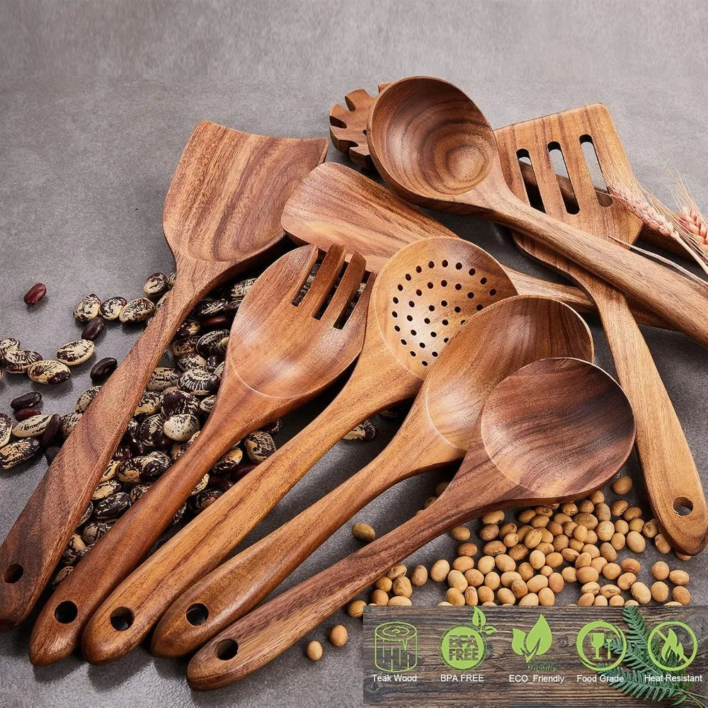 Natural Teak Wood 9-Piece Utensil Set For Nonstick Cookware