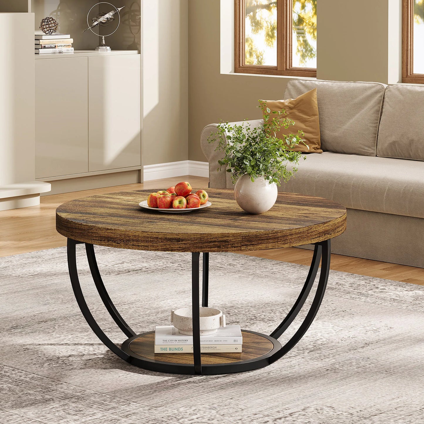 Tribesigns Round Coffee Table With Two Tier Storage Shelves
