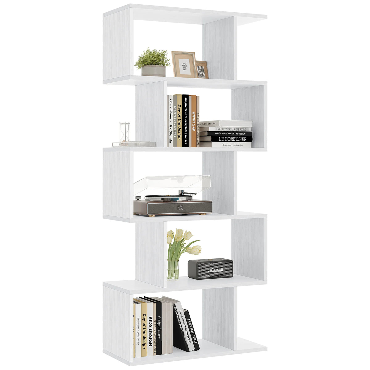 JHK Five Tier S Shaped Geometric Wood Bookcase Display Shelf