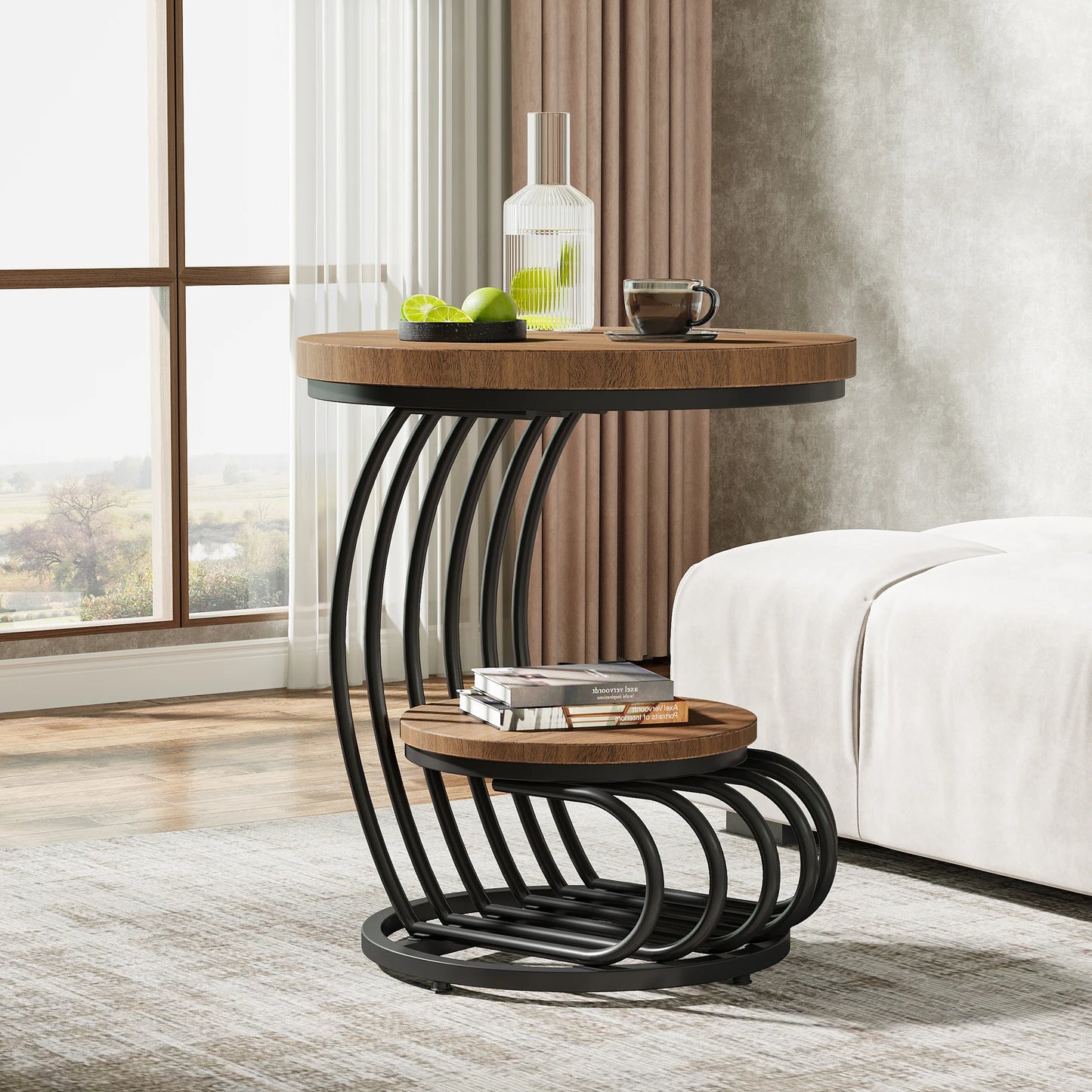 Tribesigns Round End Table With Faux Marble Two Tiers Storage