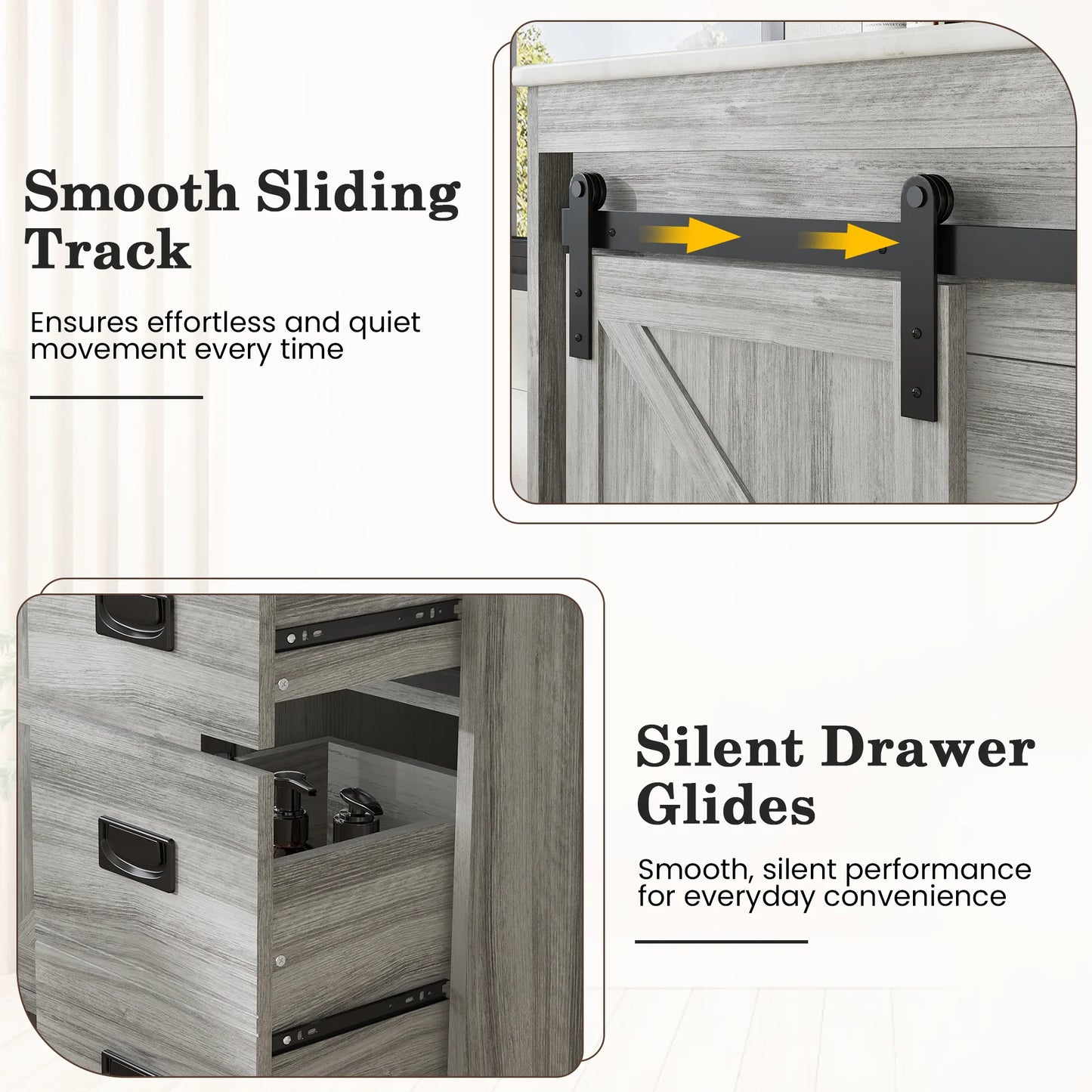 Gray Farmhouse Bathroom Vanity with Ceramic Top And Sliding Barn Door Design
