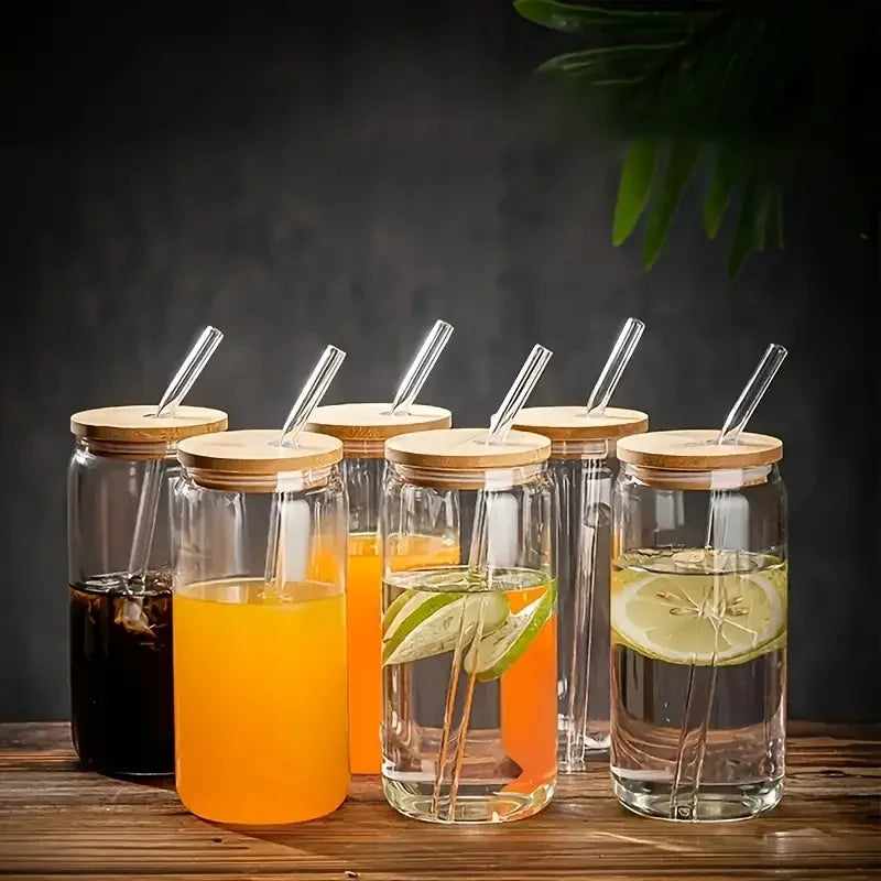 Six Glass Drinking Set Bamboo Lids Glass Straws Premium Quality