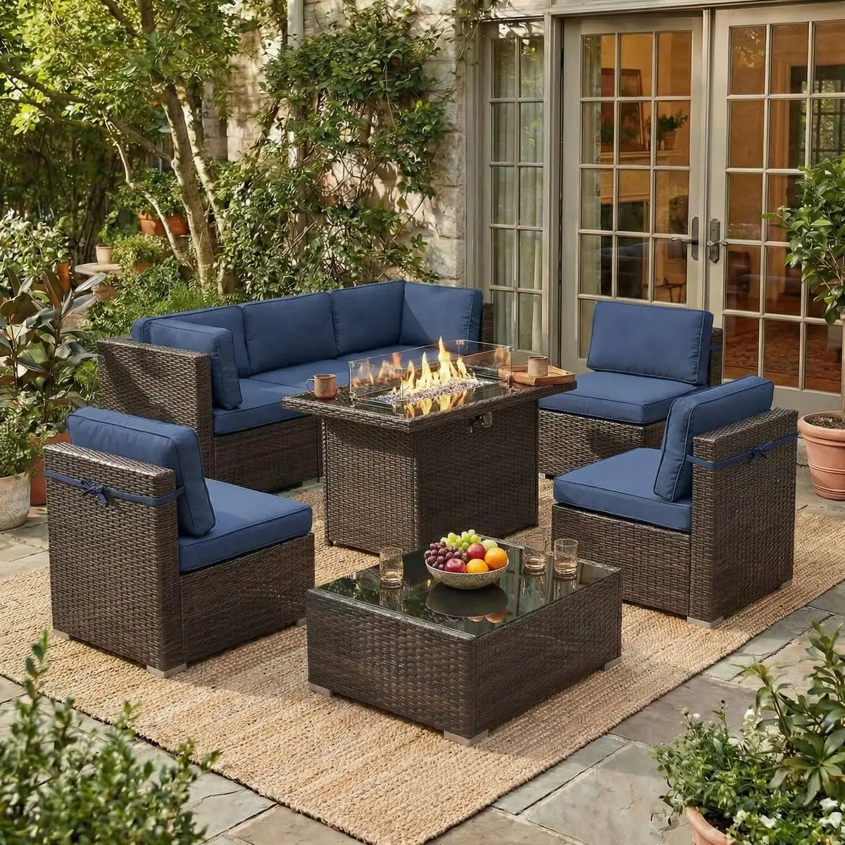 Outdoor Patio Furniture Set With Fire Pit Table In Wicker Rattan