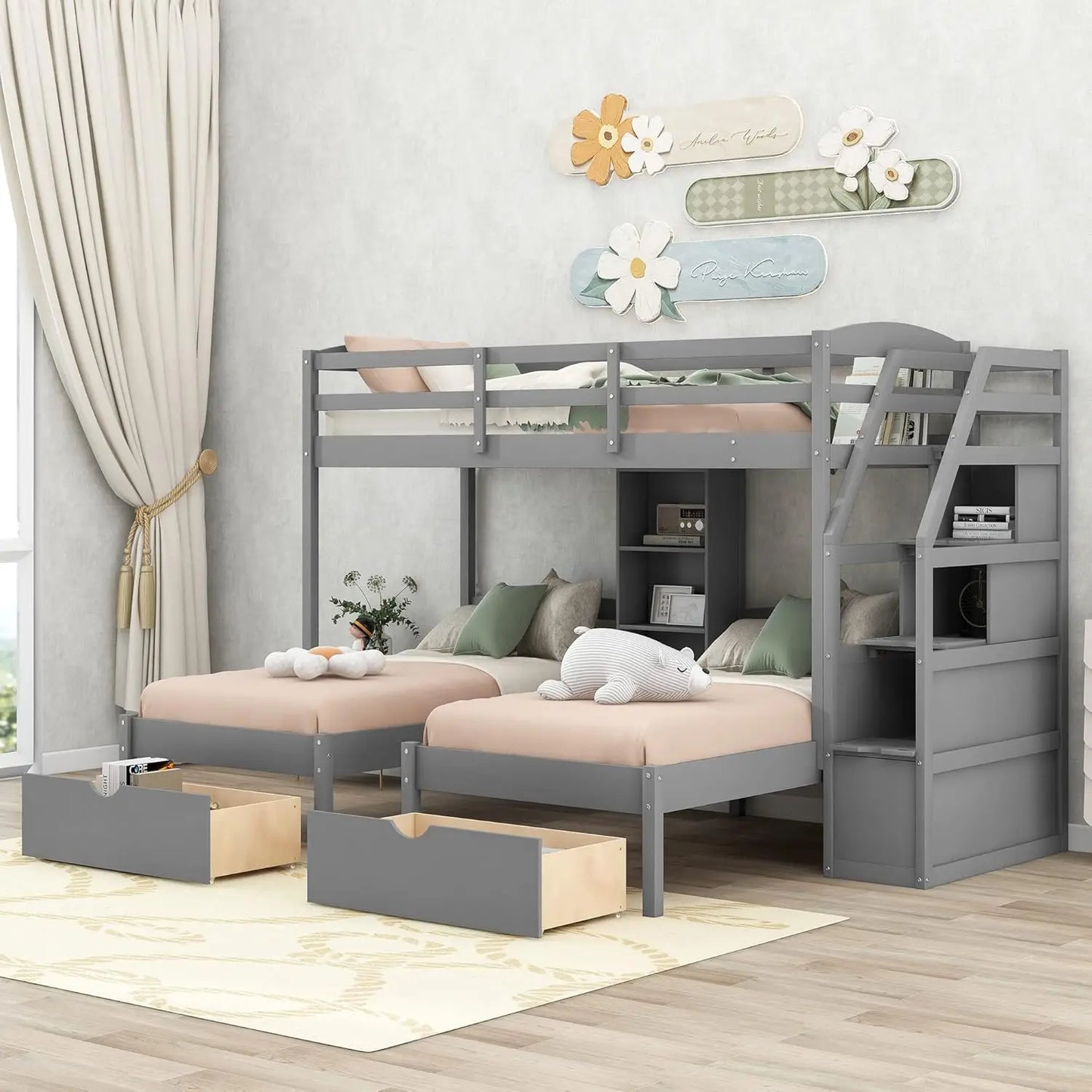 Triple Bunk Bed With Wood Frame And Storage Stairs Drawers
