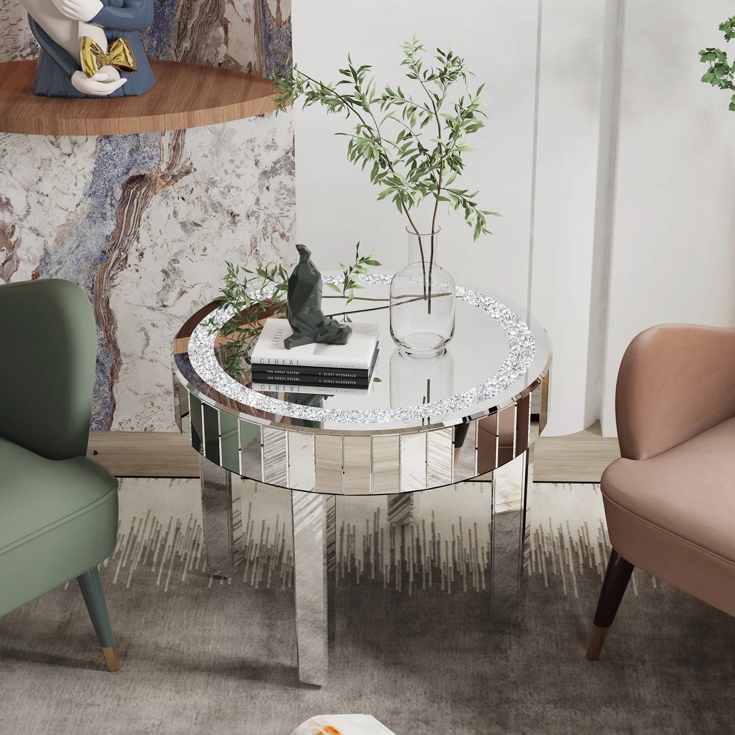 LUVODI Luxury Round Mirrored Bedside Table Diamond Inlay