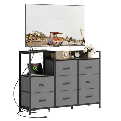 JHK Cabinet With 8 Fabric Drawers TV Stand Charging Station