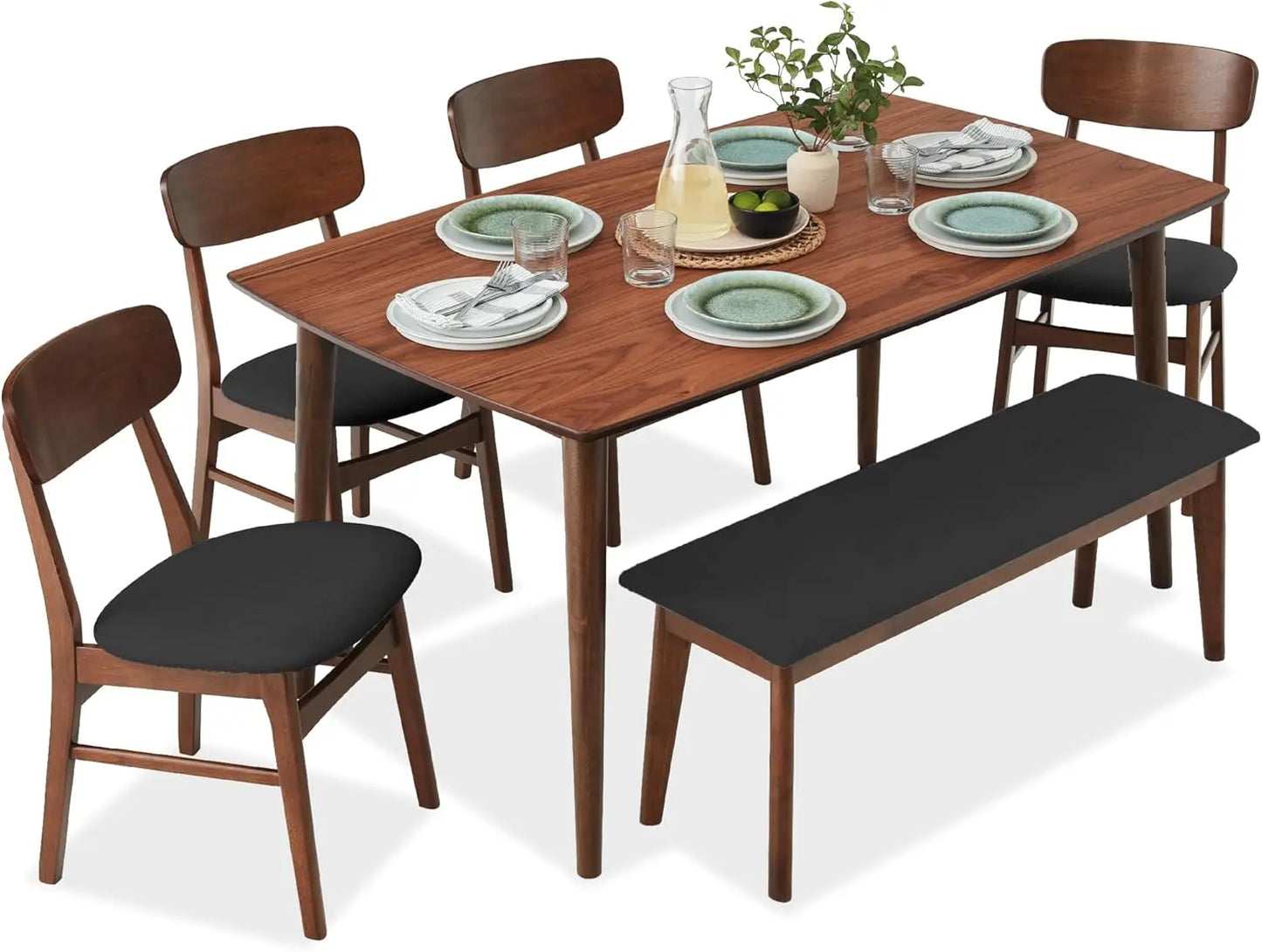 Mid Modern Wooden Dining Table With Upholstered Chairs Rubberwood Set