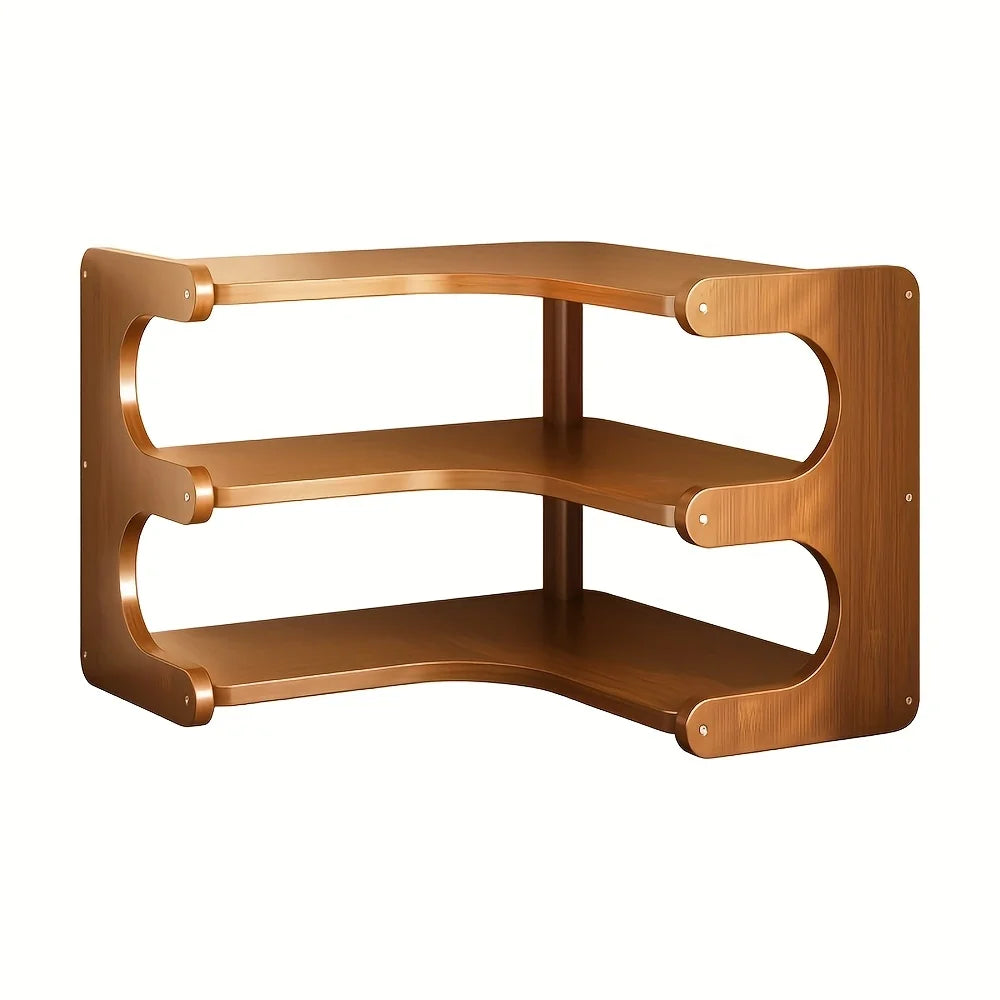Three Tier Bamboo Corner Desk Shelf Natural Wood Organizer