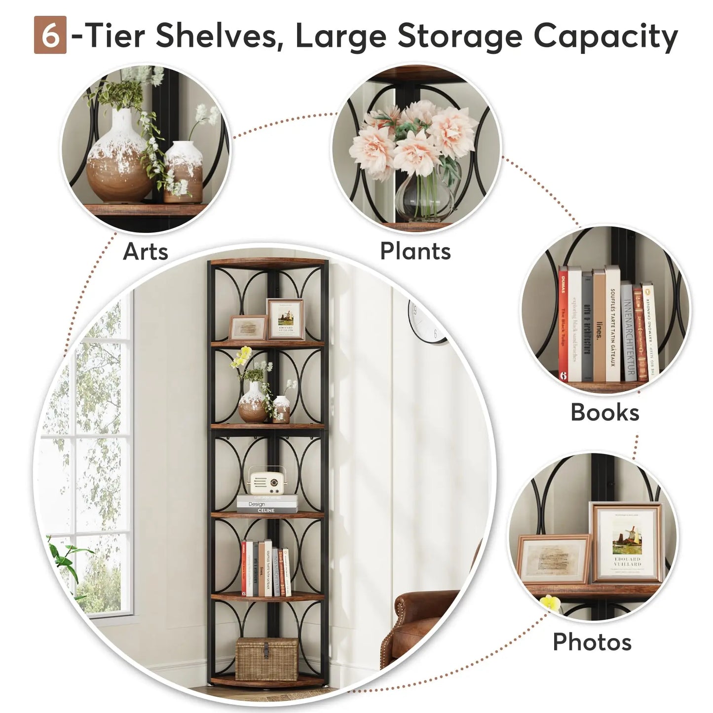 Tribesigns Tall Corner Bookshelf Six Shelf Rustic Corner Storage Rack