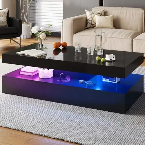 GUANGBAI High Gloss LED Coffee Table With Two Sliding Drawers