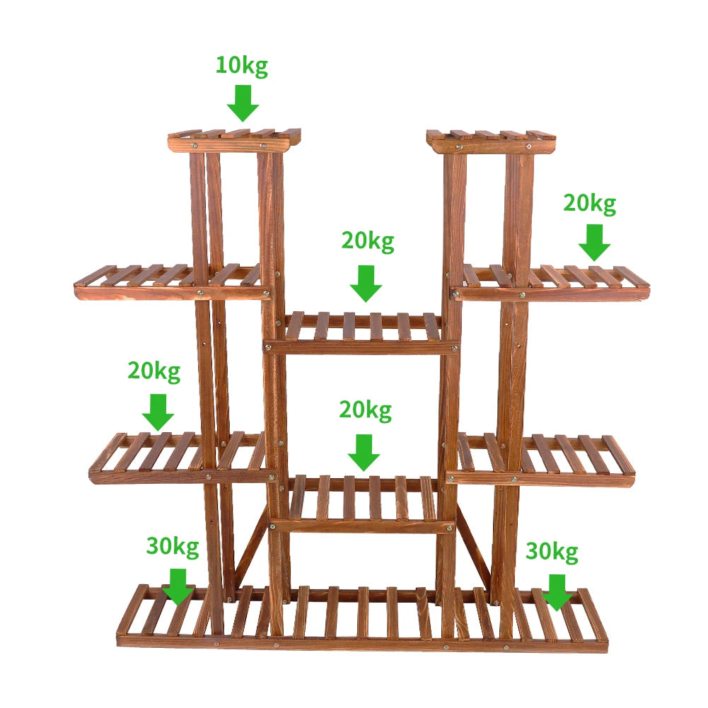 11 Tier Carbonized Wood Plant Stand For Indoor Outdoor Display