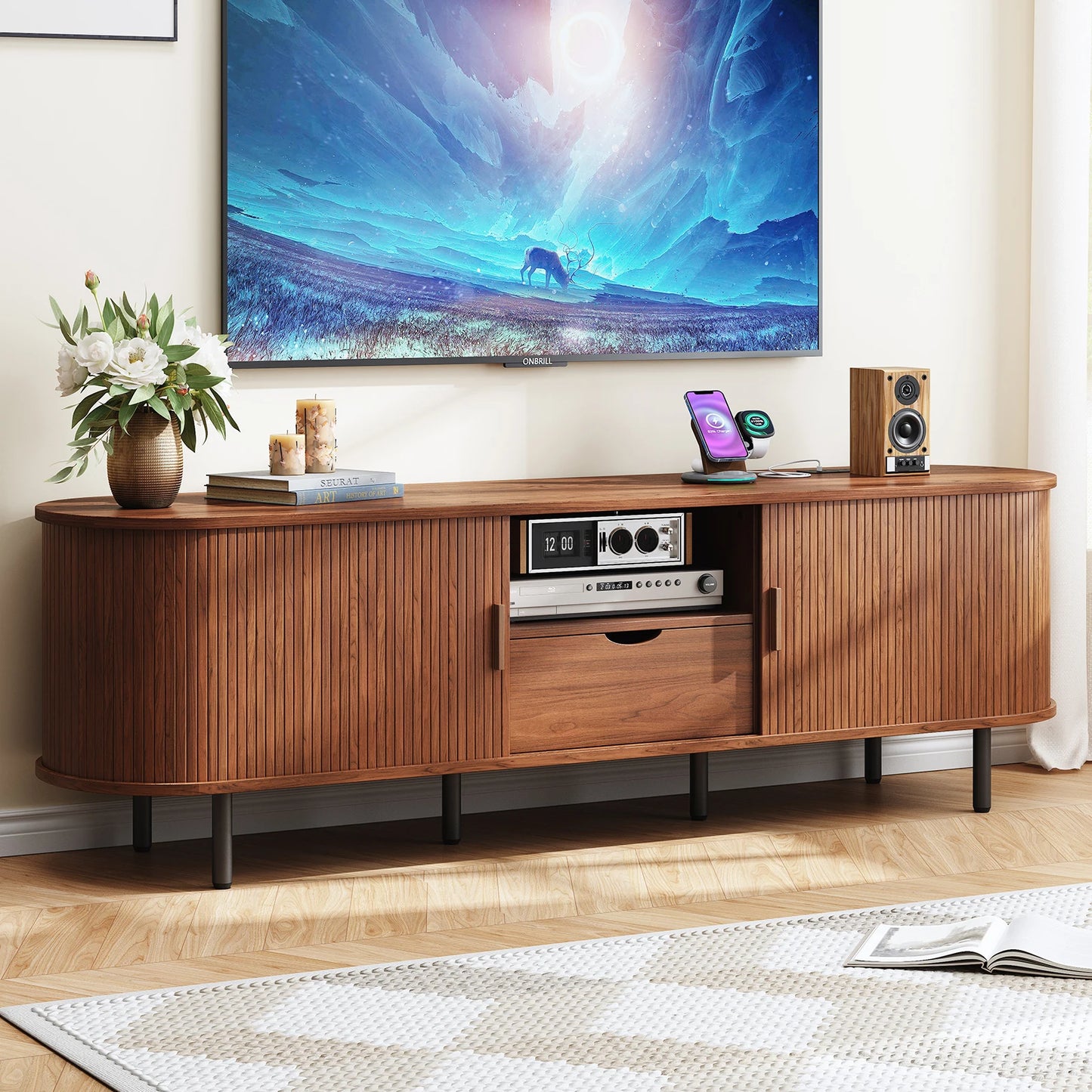 ONBRILL TV Stand With Power Outlet Storage And Drawer