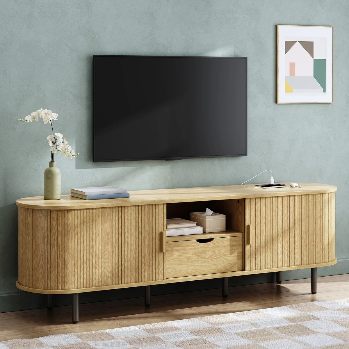 ONBRILL Modern TV Stand With Power Outlet And Storage Drawer