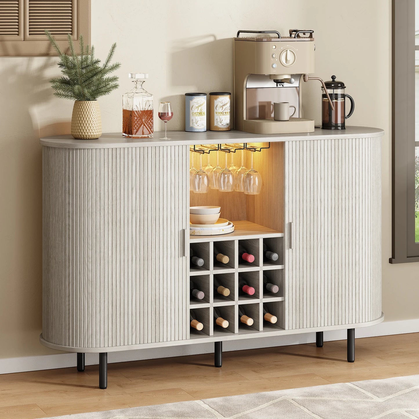 Modern Wooden Wine Bar Cabinet With Led Lighting And Storage