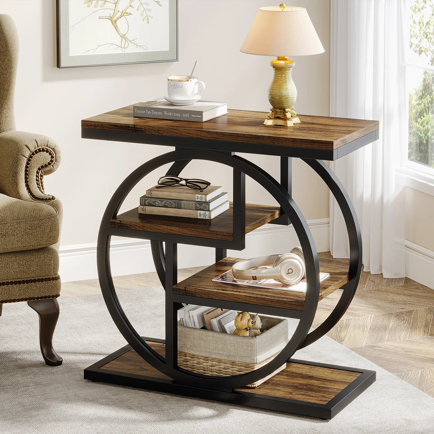 Tribesigns End Table With Three Storage Shelves Industrial Narrow