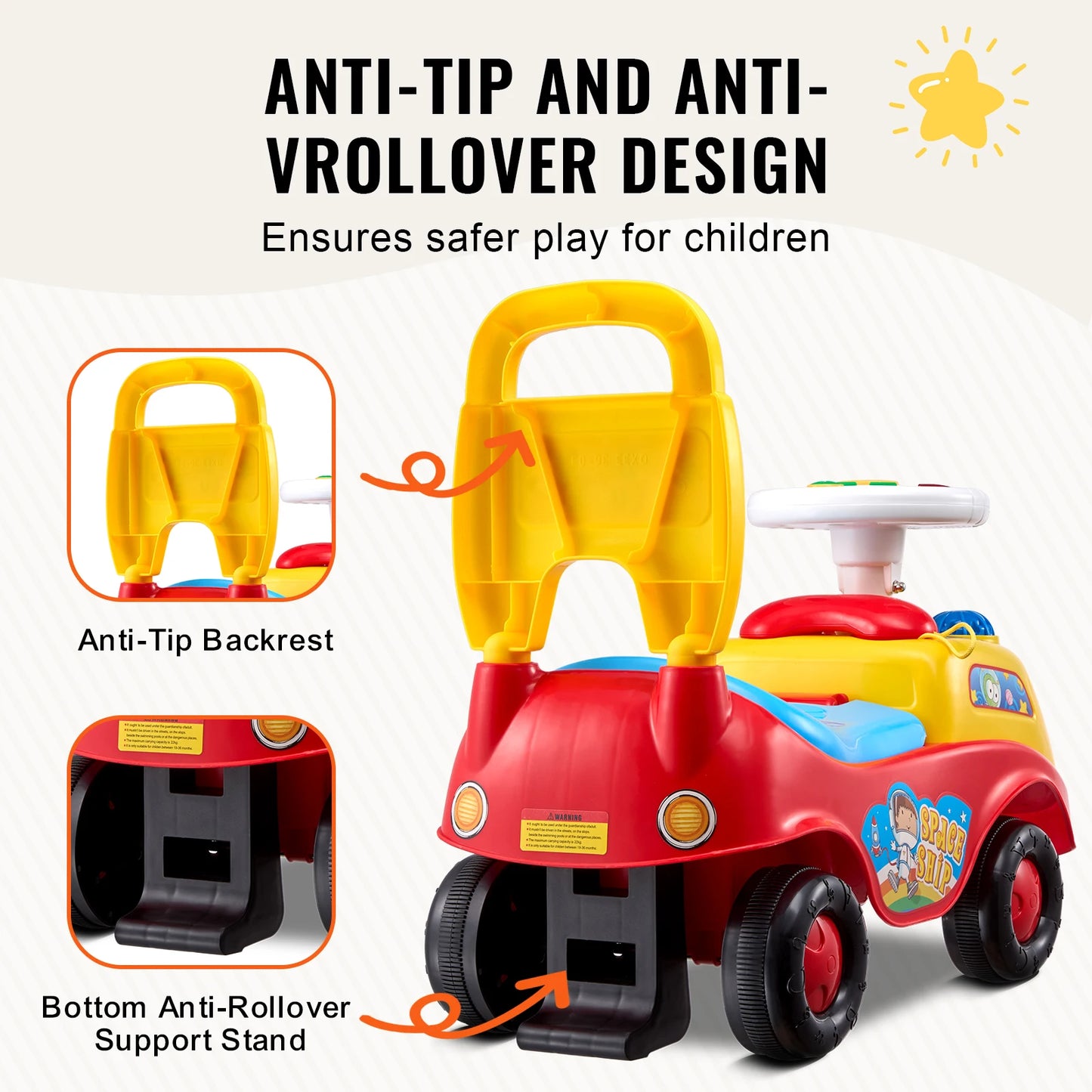 SucceBuy Toddler Ride On Push Car With Music Steering Wheel Seat Storage