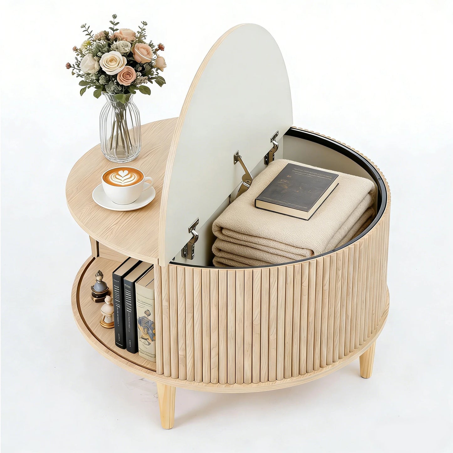 JHK Round Coffee Table With Flip Top Storage Wood Shelves