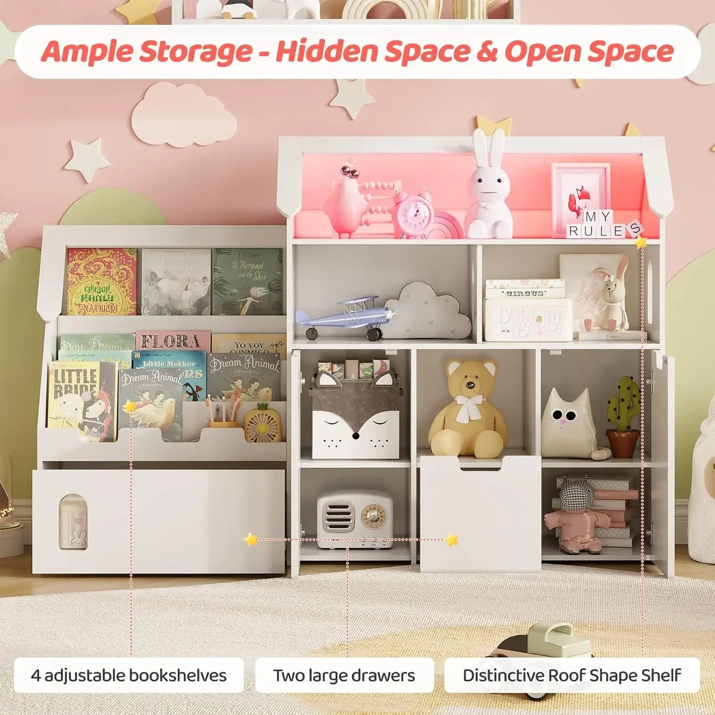 White Castle Shaped Kids Bookshelf With Removable Drawers And LED Lights