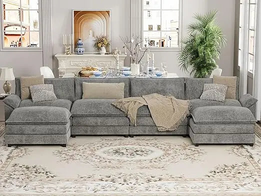 U Shaped Sectional Sofa In Chenille With Removable Ottoman Sleeper