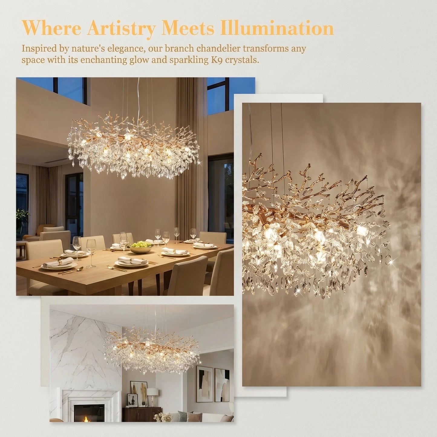 Arlgsite Tree Shaped Crystal Chandelier Dimmable Lighting Fixture