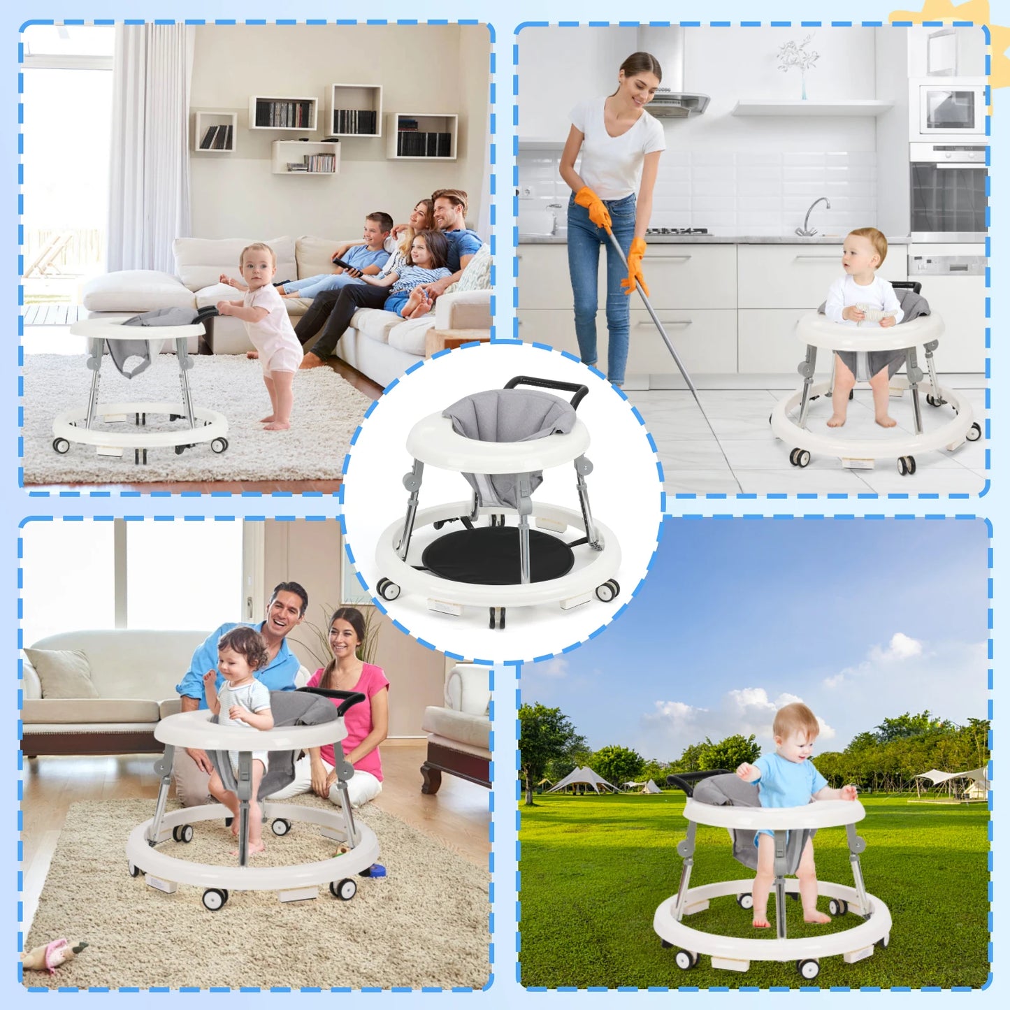 Baby Walker With Adjustable Height Foldable Wheels And Tray