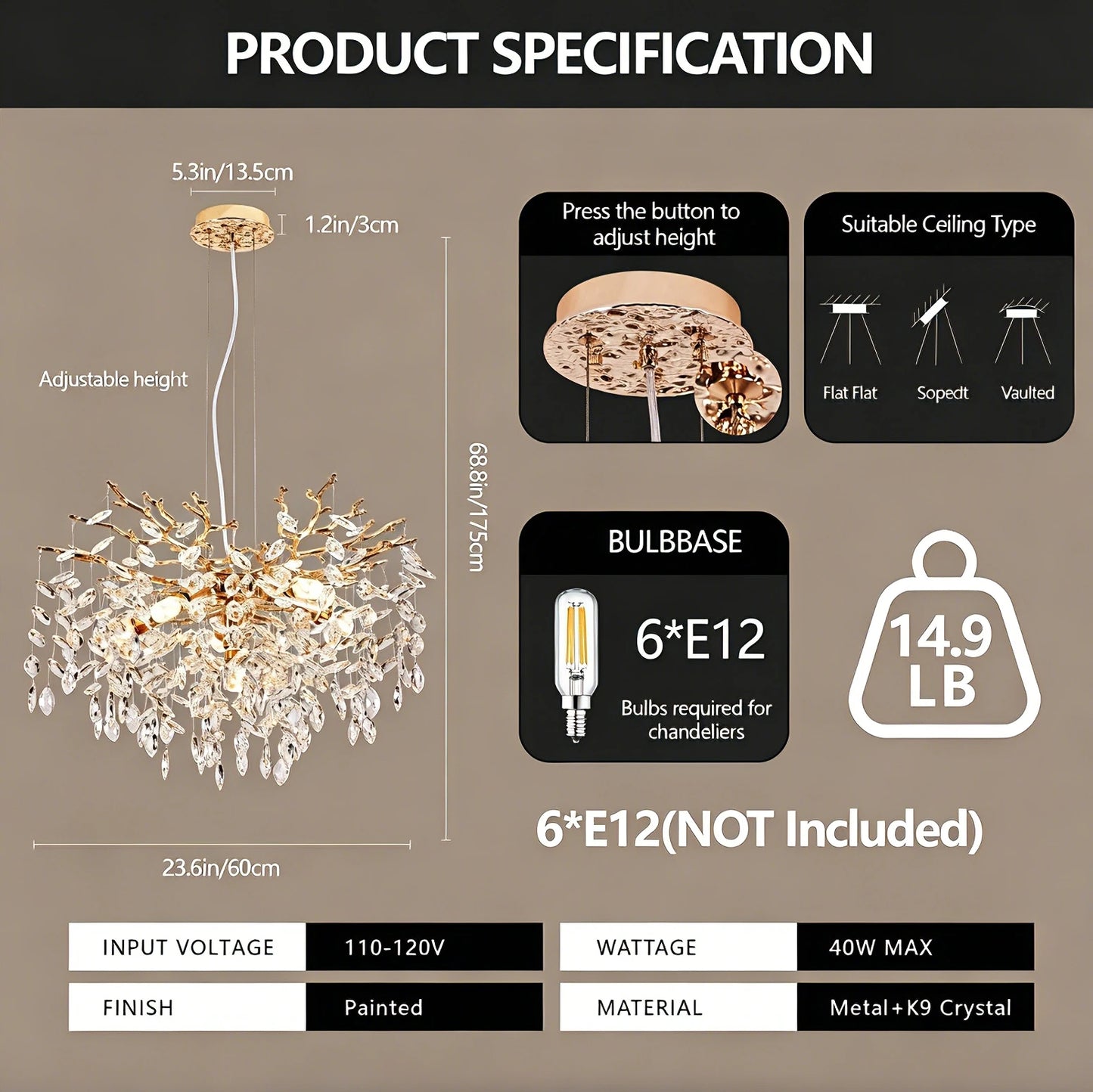 ARLGSITE 6 Bulb Modern Branch Crystal Chandelier With E12 Base