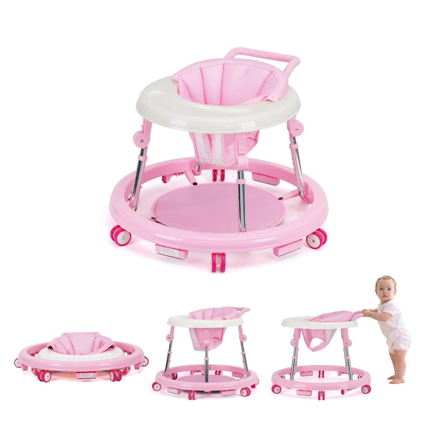 Baby Walker With Adjustable Height Foldable Wheels And Tray