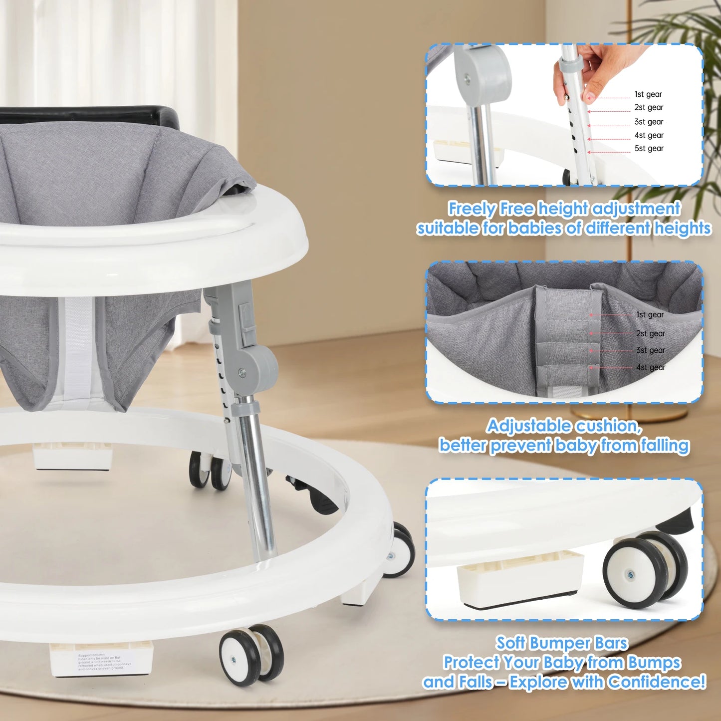 Baby Walker With Adjustable Height Foldable Wheels And Tray