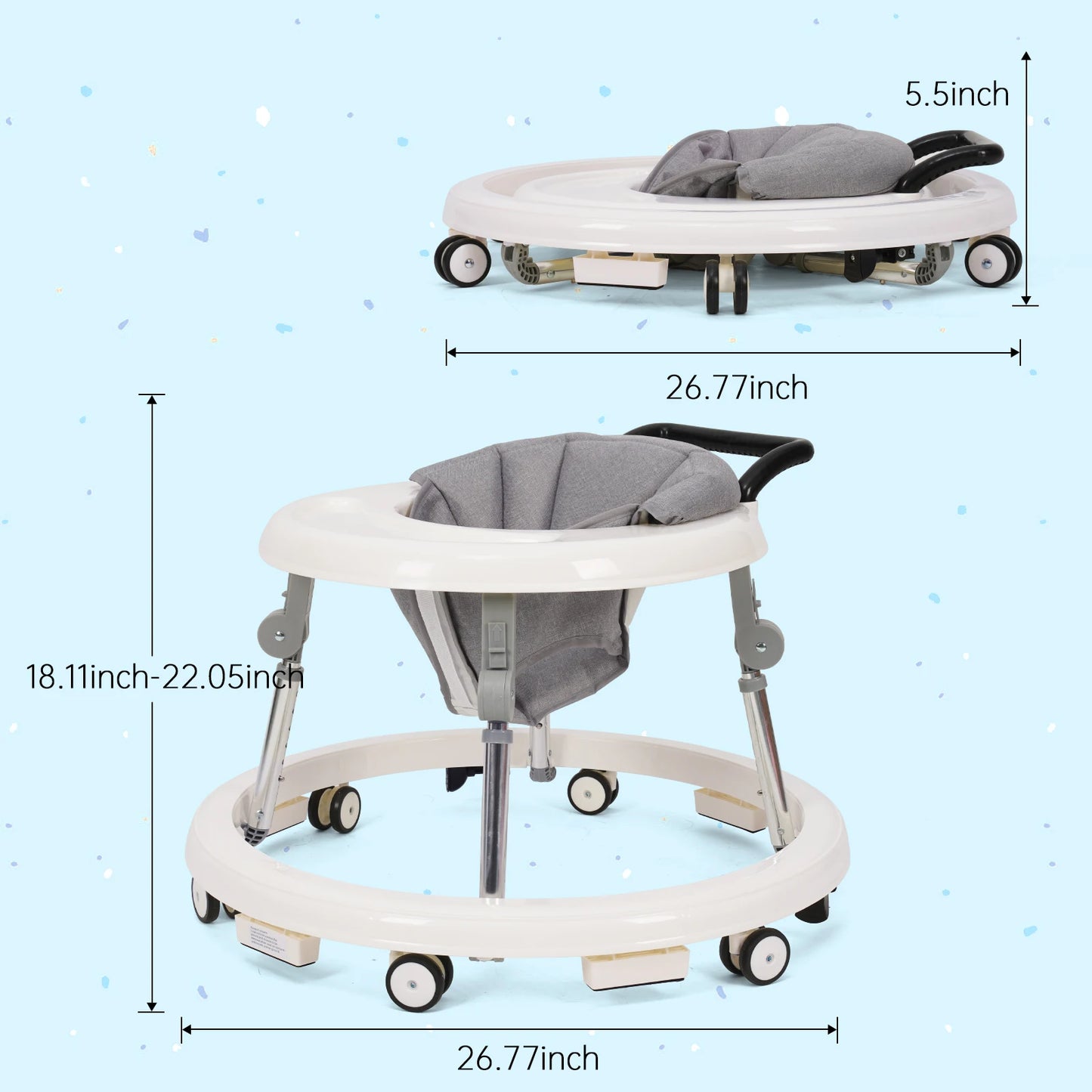 Baby Walker With Adjustable Height Foldable Wheels And Tray