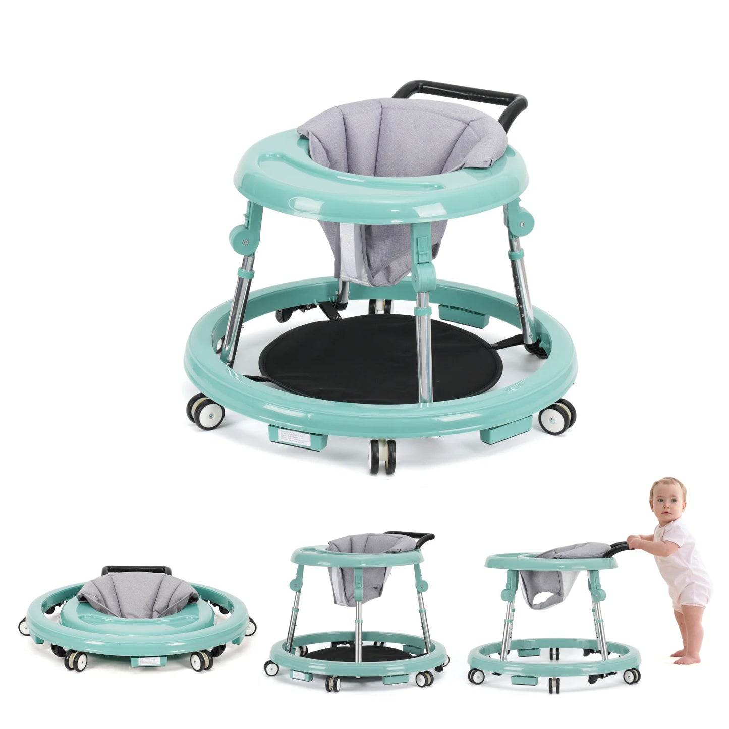 Baby Walker With Adjustable Height Foldable Wheels And Tray