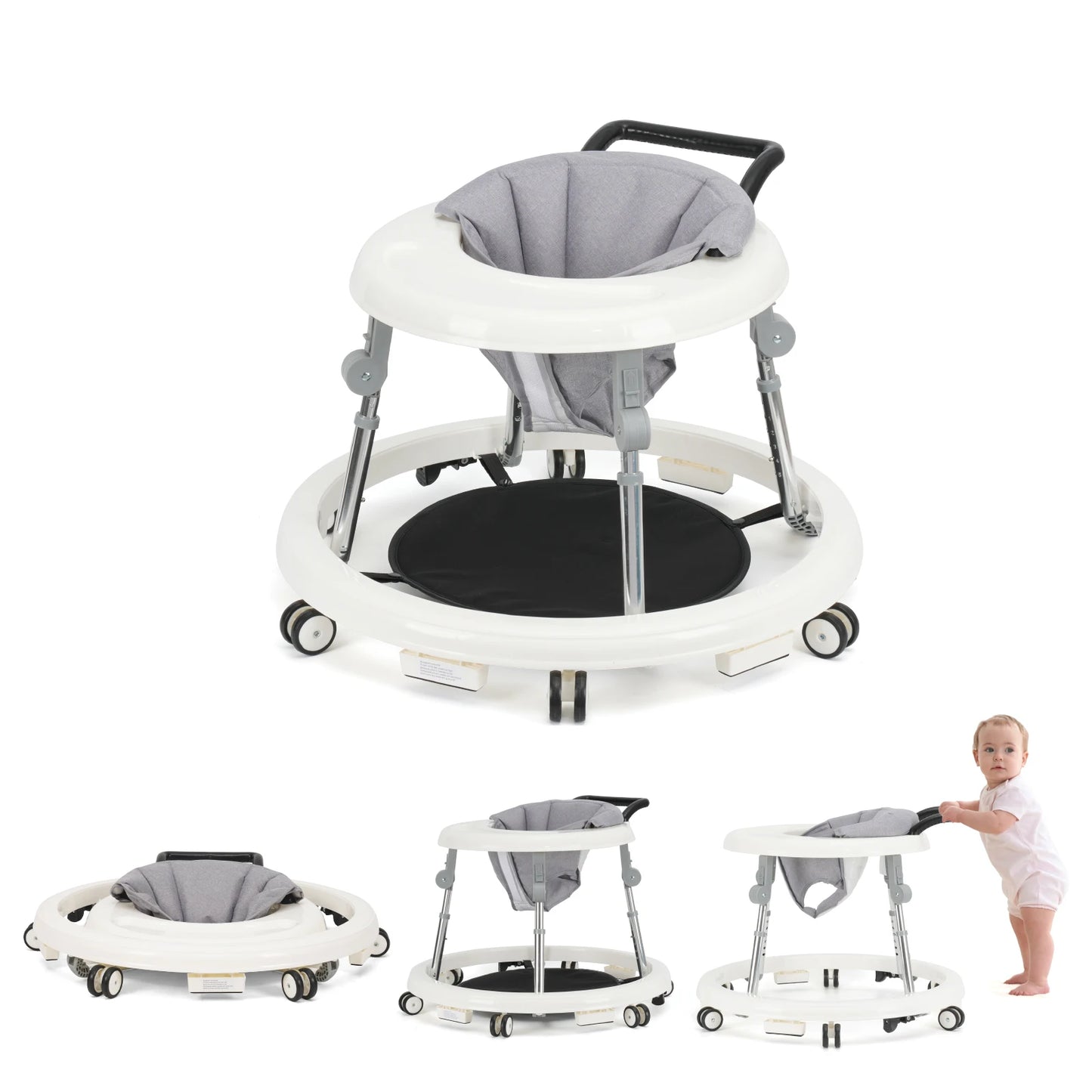 Baby Walker With Adjustable Height Foldable Wheels And Tray