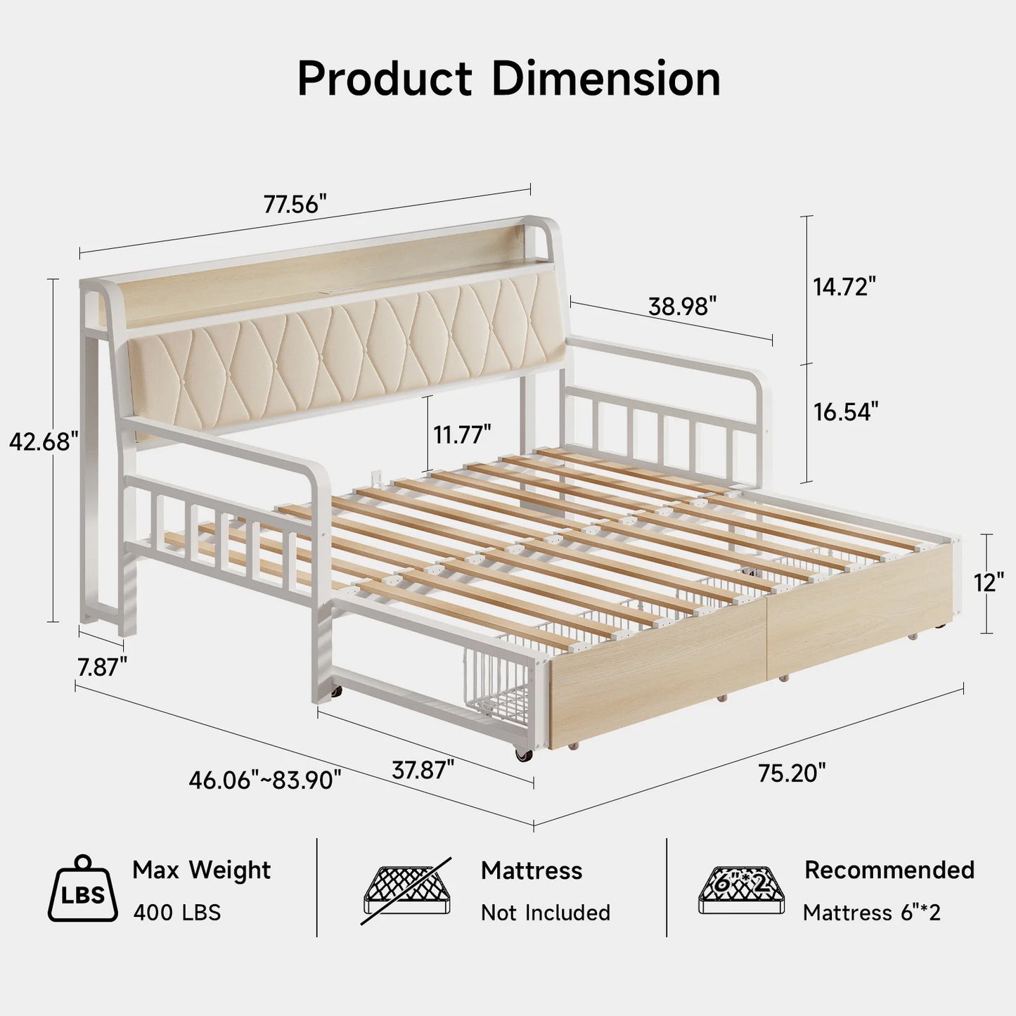 ONBRILL Daybed With Trundle Storage Drawers Upholstered Headboard
