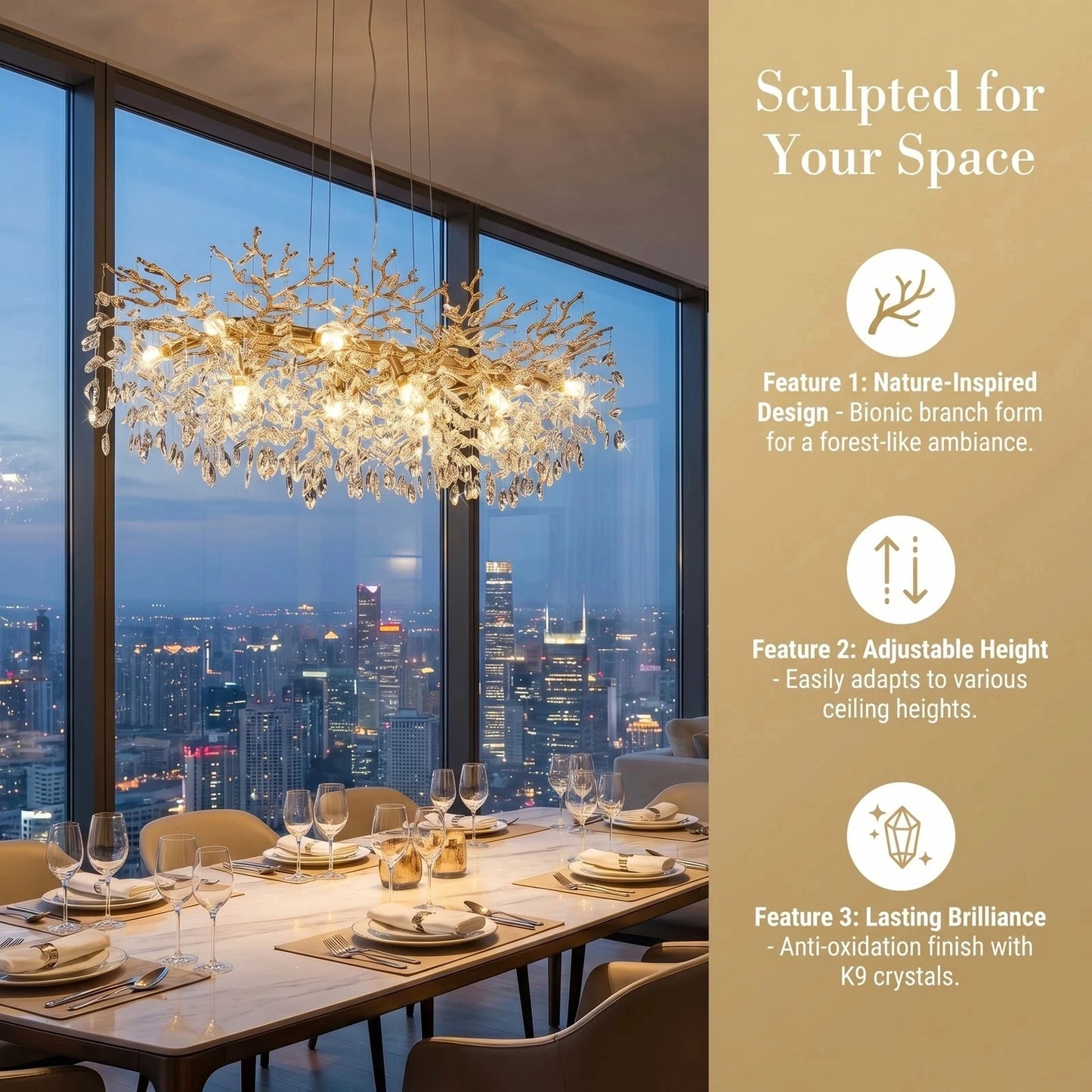 Arlgsite Tree Shaped Crystal Chandelier Dimmable Lighting Fixture
