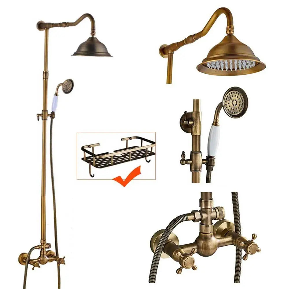 Rozin Antique Brass Wall Mount Dual Handle Shower Faucet Set Handshower Shelf