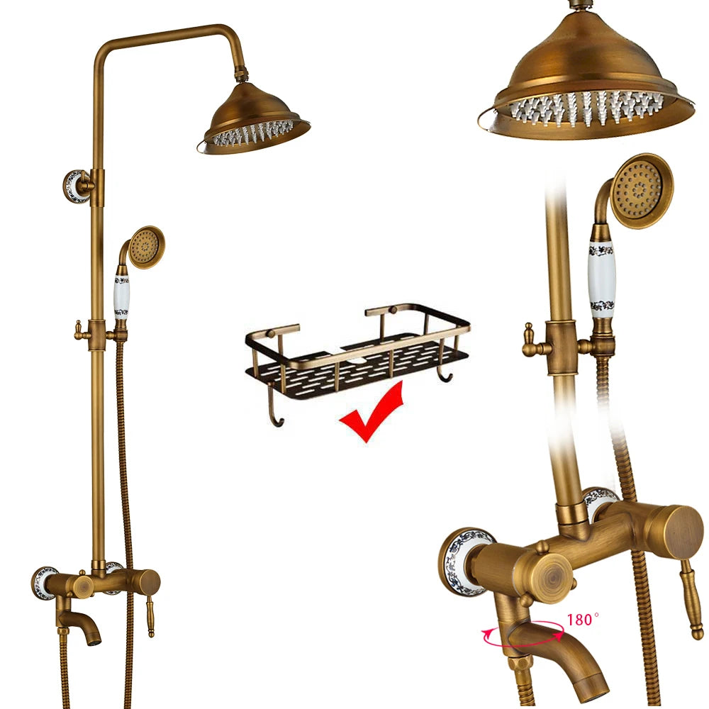 Rozin Antique Brass Wall Mount Dual Handle Shower Faucet Set Handshower Shelf