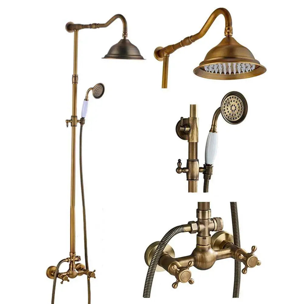 Rozin Antique Brass Wall Mount Dual Handle Shower Faucet Set Handshower Shelf