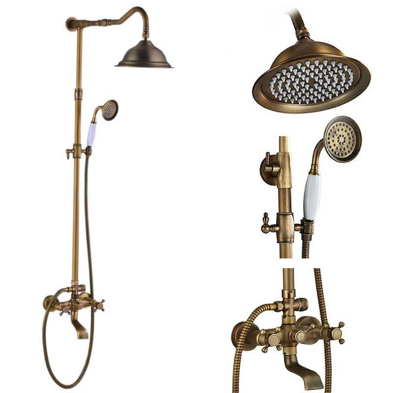 Rozin Antique Brass Wall Mount Dual Handle Shower Faucet Set Handshower Shelf