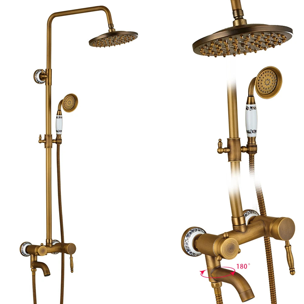 Rozin Antique Brass Wall Mount Dual Handle Shower Faucet Set Handshower Shelf