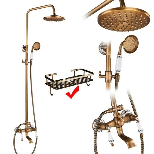 Rozin Antique Brass Wall Mount Dual Handle Shower Faucet Set Handshower Shelf