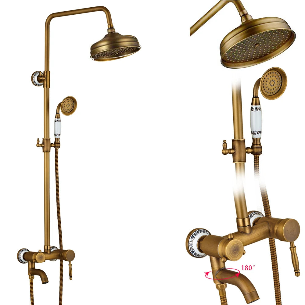 Rozin Antique Brass Wall Mount Dual Handle Shower Faucet Set Handshower Shelf